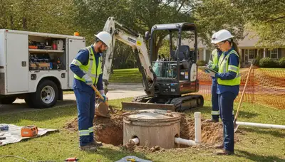 San Antonio, TX septic repair team inspecting a residential septic system on a service call